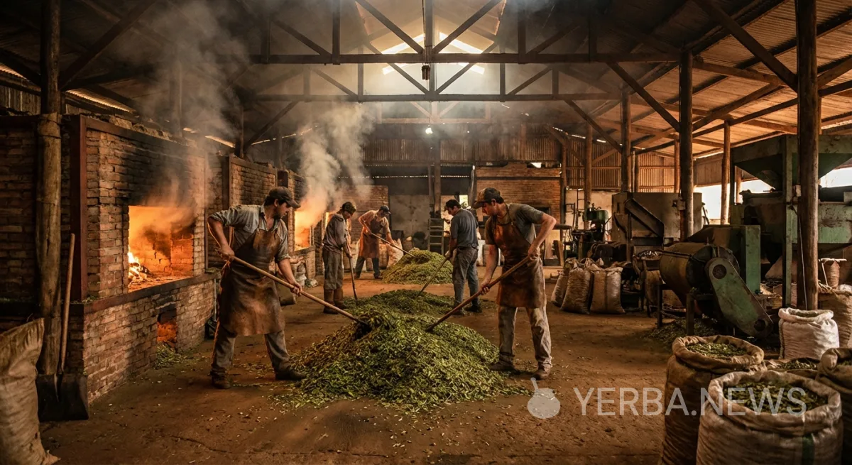 Traditional yerba mate processing facility in Misiones, where fresh leaves are dried over wood fire in a centuries-old technique